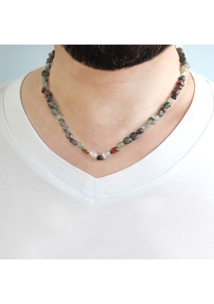 Gümüş Renk Metal Zincirli Amorf Kan Taşı Doğaltaş Erkek Kolye modelleri