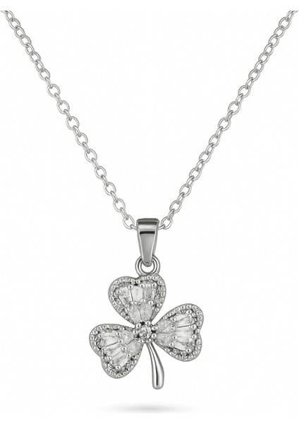 Kadın Çelik Kolye - Yonca Yaprağı Tasarım - Beyaz Zirkon Taşlı - Gümüş Renk