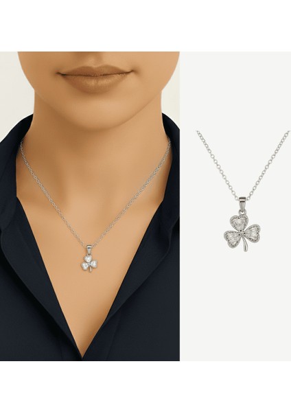 Kadın Çelik Kolye - Yonca Yaprağı Tasarım - Beyaz Zirkon Taşlı - Gümüş Renk fiyatları