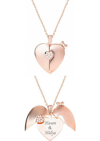 Zirkon Taşlı Rose Renk Isme Özel Yazılı 925 Ayar Gümüş Kalp Kolye
