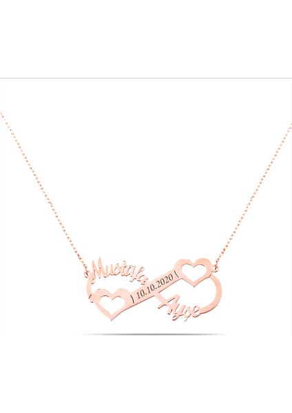 Kişiye Özel Isim Tarih Yazılı Rose Renk 925 Ayar Gümüş Sonsuzluk Kalp Kolye