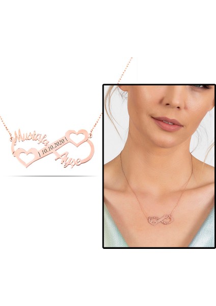 Kişiye Özel Isim Tarih Yazılı Rose Renk 925 Ayar Gümüş Sonsuzluk Kalp Kolye fiyatları