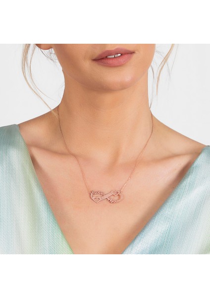 Kişiye Özel Isim Tarih Yazılı Rose Renk 925 Ayar Gümüş Sonsuzluk Kalp Kolye modelleri