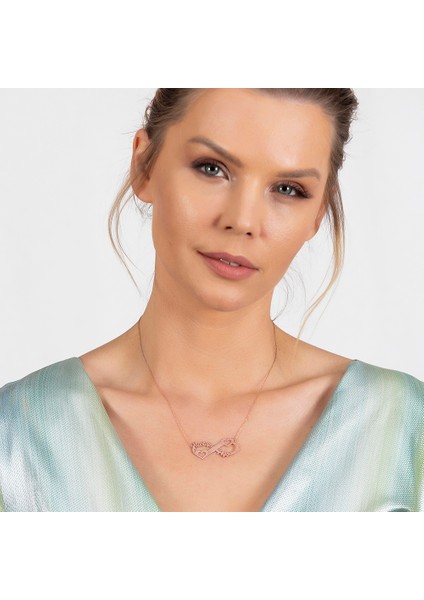 Kişiye Özel Isim Tarih Yazılı Rose Renk 925 Ayar Gümüş Sonsuzluk Kalp Kolye fırsatları