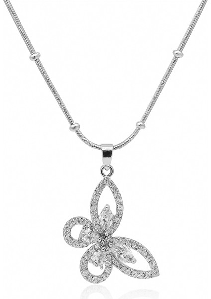 Kadın Çelik Kolye - Kelebek Tasarım - Beyaz Zirkon Taşlı - Gümüş Renk