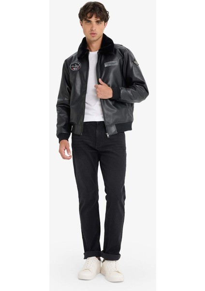 Regular Fit Peluş Yaka Triko Detaylı İç Cepli Suni Deri Pilot Ceket Mont F5137AX25WN