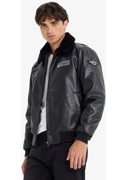 Regular Fit Peluş Yaka Triko Detaylı İç Cepli Suni Deri Pilot Ceket Mont F5137AX25WN