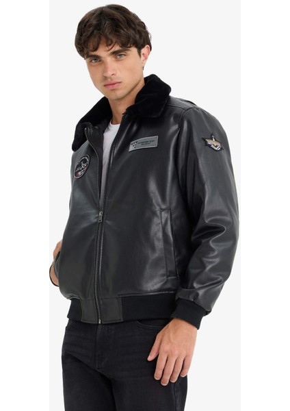 Regular Fit Peluş Yaka Triko Detaylı İç Cepli Suni Deri Pilot Ceket Mont F5137AX25WN