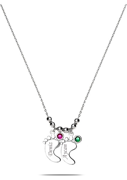 Zirkon Taşlı Isme Özel Yazılı 925 Ayar Gümüş Bebek Ayak Izi Kolye