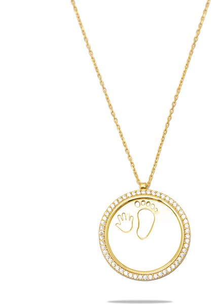Zirkon Taşlı Bebek El ve Ayak Detaylı Altın Renk Isme Özel Harf Yazılı 925 Ayar Gümüş Kadın Kolye