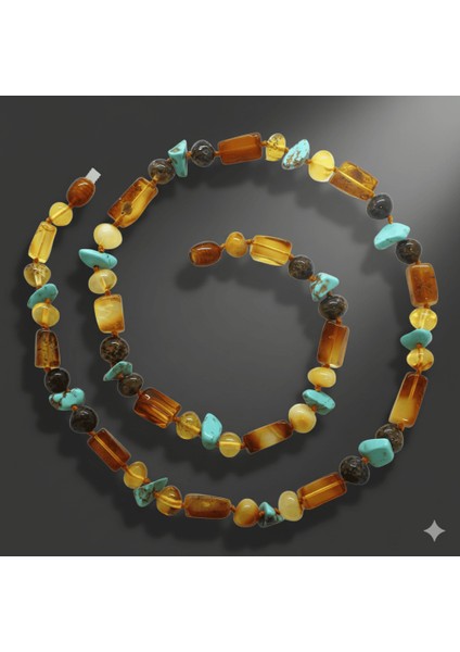 Doğal Form Çok Renkli Firuze Doğaltaş Süslemeli Hakiki Damla Kehribar Erkek Kolye fırsatları