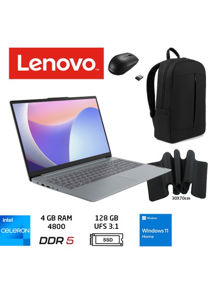 ıdeapad Slim 3 Intel Celeron N100 4gb 128GB Windows 11 Home 15.6" Fhd 82XB009GTX Duddi Çanta+Mouse+MousePad