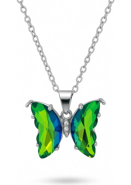 Kadın Çelik Kolye - Kelebek Tasarım - Yeşil Turkuaz Zirkon Taşlı - Gümüş Renk