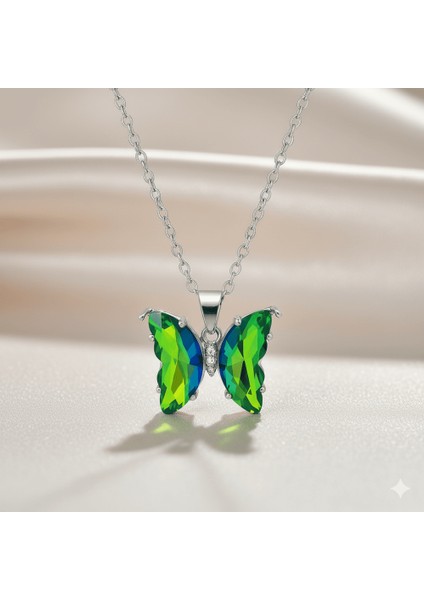 Kadın Çelik Kolye - Kelebek Tasarım - Yeşil Turkuaz Zirkon Taşlı - Gümüş Renk fırsatları