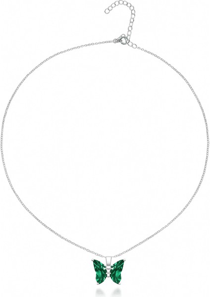 Kadın Çelik Kolye - Kelebek Tasarım - Yeşil Turkuaz Zirkon Taşlı - Gümüş Renk indirimleri