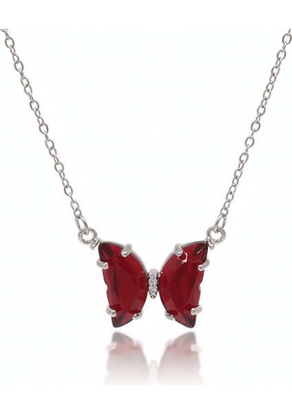 Kadın Çelik Kolye - Kelebek Tasarım - Kırmızı Zirkon Taşlı - Gümüş Renk
