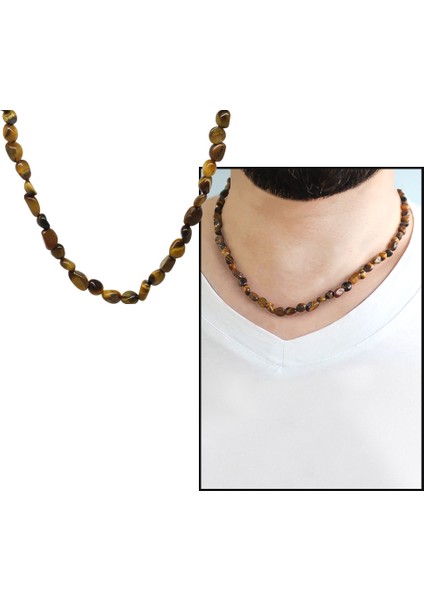 Gümüş Renk Metal Zincirli Amorf Kaplan Gözü Doğaltaş Erkek Kolye modelleri