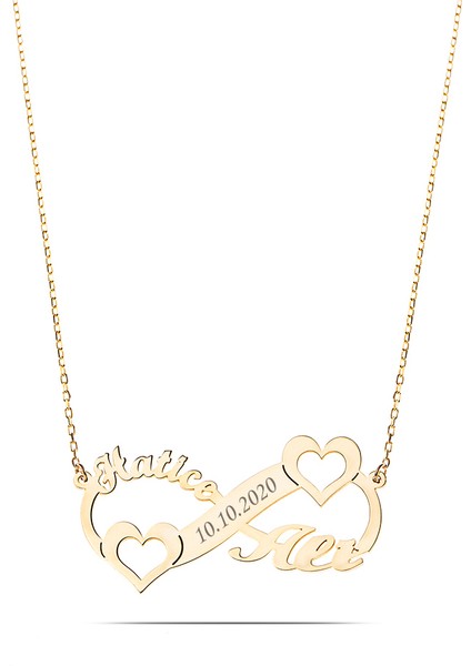 Kişiye Özel Isim Tarih Yazılı Gold Renk 925 Ayar Gümüş Sonsuzluk Kalp Kolye