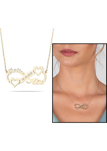 Kişiye Özel Isim Tarih Yazılı Gold Renk 925 Ayar Gümüş Sonsuzluk Kalp Kolye fiyatları