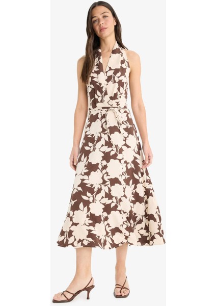 Keten Karışımlı Boyundan Bağlamalı Çiçek Desenli Maxi Elbise