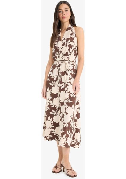 Keten Karışımlı Boyundan Bağlamalı Çiçek Desenli Maxi Elbise