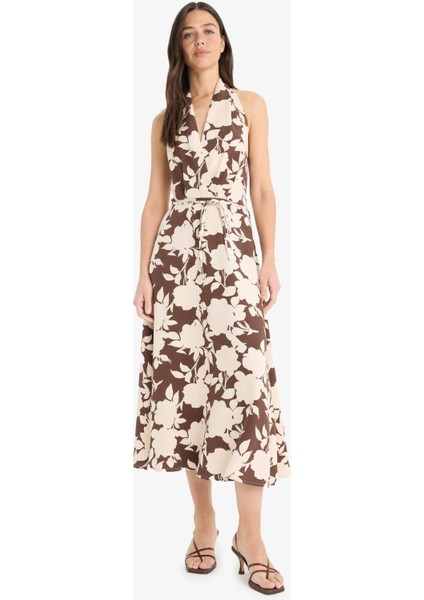 Keten Karışımlı Boyundan Bağlamalı Çiçek Desenli Maxi Elbise