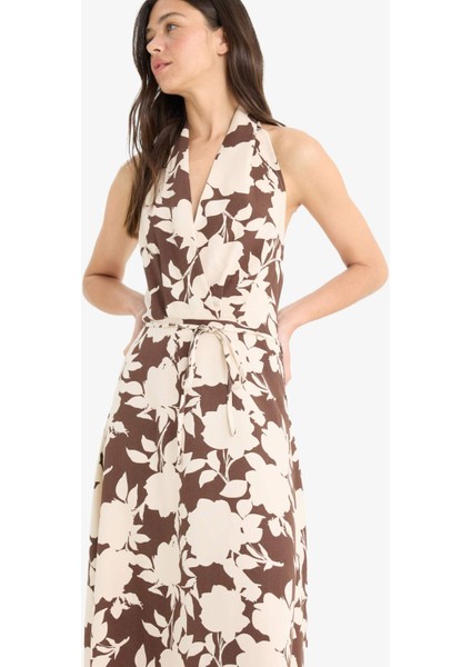 Keten Karışımlı Boyundan Bağlamalı Çiçek Desenli Maxi Elbise