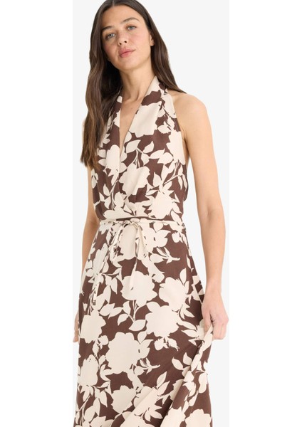 Keten Karışımlı Boyundan Bağlamalı Çiçek Desenli Maxi Elbise