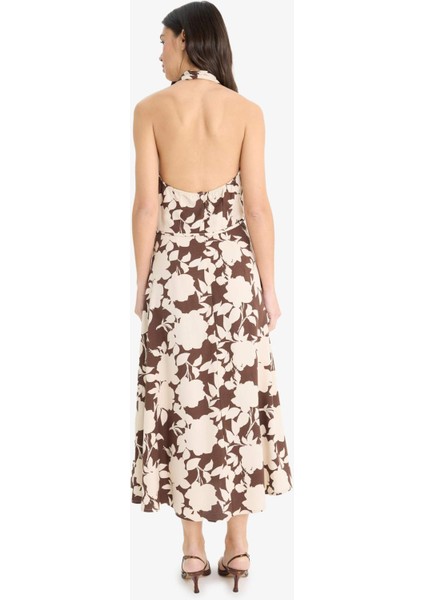 Keten Karışımlı Boyundan Bağlamalı Çiçek Desenli Maxi Elbise