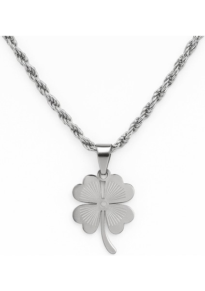 Kadın Çelik Kolye - Burma Model Zincirli - Yonca Yaprağı Tasarım - Gümüş Renk