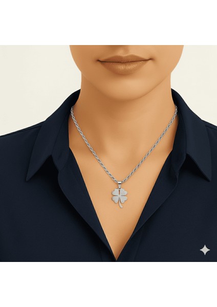 Kadın Çelik Kolye - Burma Model Zincirli - Yonca Yaprağı Tasarım - Gümüş Renk modelleri