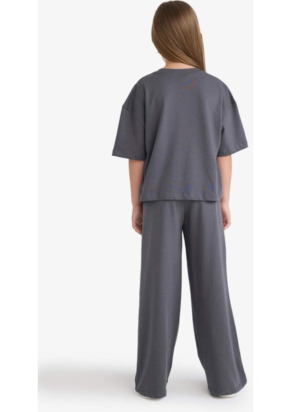 Kız Çocuk 2'li Takım Kısa Kollu Baskılı Tişört Beli Lastikli Uzun Alt