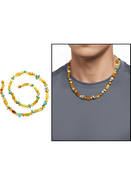 Doğal Form Bal Sarı Renkli Firuze Doğaltaş Süslemeli Hakiki Damla Kehribar Erkek Kolye fiyatları