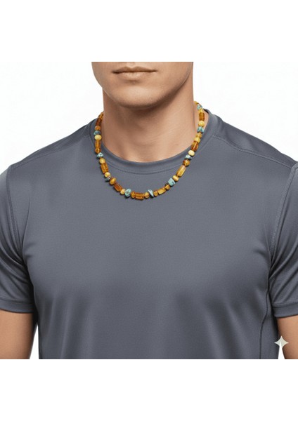 Doğal Form Bal Sarı Renkli Firuze Doğaltaş Süslemeli Hakiki Damla Kehribar Erkek Kolye modelleri