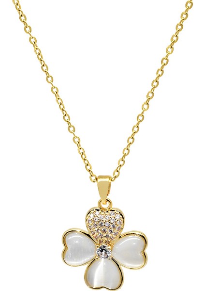 Altın Renk Beyaz Zirkon Taş Süslemeli Kalp Detaylı Yonca Yaprağı Tasarım Çelik Kadın Kolye