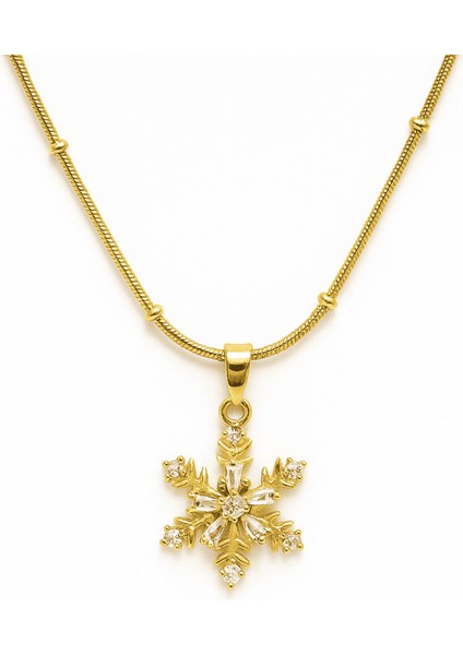 Kadın Çelik Kolye - Kar Tanesi Tasarım - Beyaz Zirkon Taşlı - Stres Çarkı Model - Altın Renk