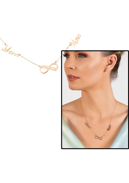 Kişiye Özel Isim ve Tarih Yazılı Rose Renk 925 Ayar Gümüş Sonsuzluk Kolye fiyatları