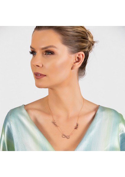 Kişiye Özel Isim ve Tarih Yazılı Rose Renk 925 Ayar Gümüş Sonsuzluk Kolye modelleri