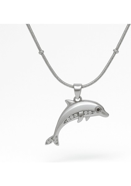 Kadın Çelik Kolye - Yunus Balığı Tasarım - Toplu Snake Zincirli - Beyaz Zirkon Taşlı - Gümüş Renk