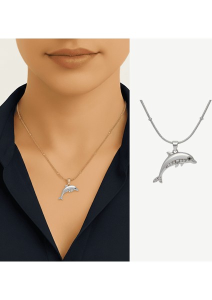 Kadın Çelik Kolye - Yunus Balığı Tasarım - Toplu Snake Zincirli - Beyaz Zirkon Taşlı - Gümüş Renk fiyatları