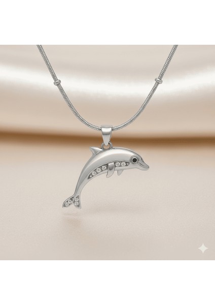 Kadın Çelik Kolye - Yunus Balığı Tasarım - Toplu Snake Zincirli - Beyaz Zirkon Taşlı - Gümüş Renk fırsatları