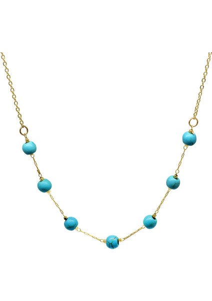 Altın Renk Metal Zincirli Firuze Turkuaz Doğaltaş Kadın Kolye