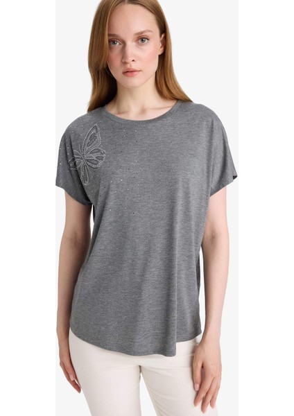 Bisiklet Yaka Taş Baskılı Kısa Kollu Tişört E9333AX25SM