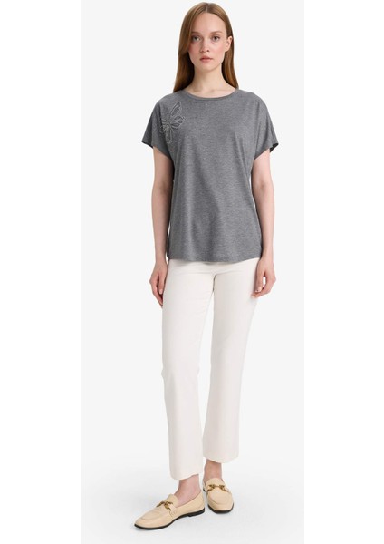 Bisiklet Yaka Taş Baskılı Kısa Kollu Tişört E9333AX25SM