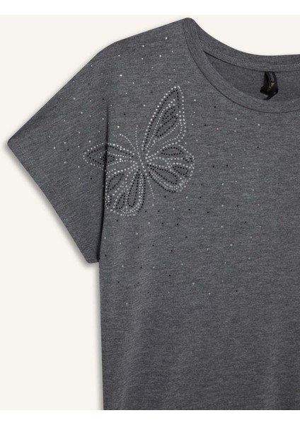 Bisiklet Yaka Taş Baskılı Kısa Kollu Tişört E9333AX25SM