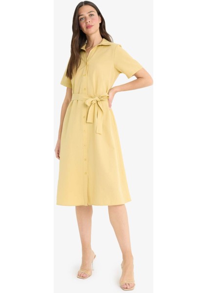 A Kesim Gömlek Yaka Kuşaklı Poplin Kısa Kollu Midi Elbise E7114AX25SP