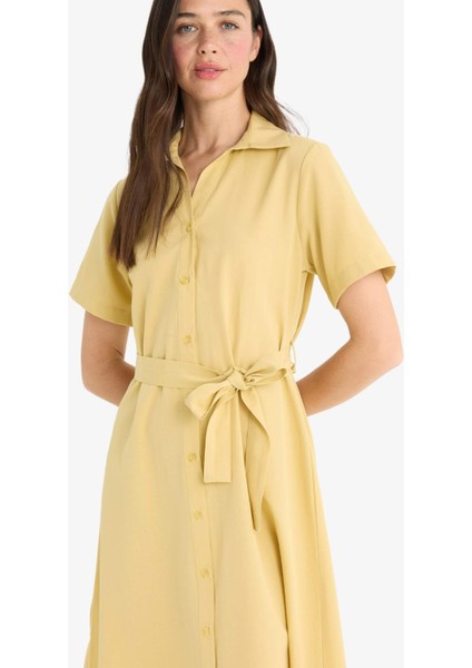 A Kesim Gömlek Yaka Kuşaklı Poplin Kısa Kollu Midi Elbise E7114AX25SP