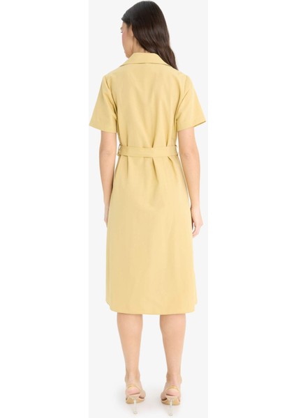 A Kesim Gömlek Yaka Kuşaklı Poplin Kısa Kollu Midi Elbise E7114AX25SP