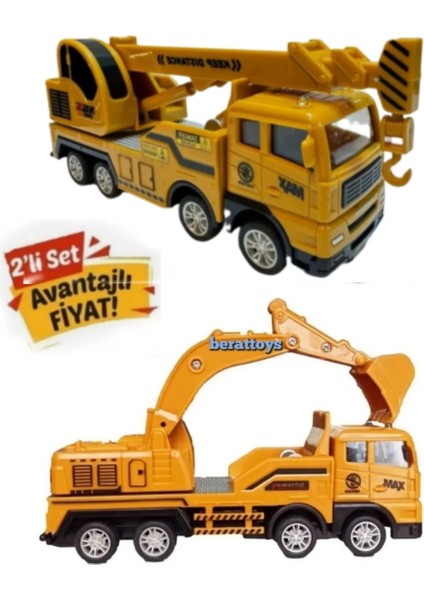 Berattoys 2'li Iş Makinaları 17 cm Oyuncak Kamyon Iş Araçları Ekskavatör Taşıyıcı Tır