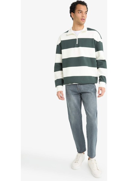 Boxy Fit Dik Yaka Yarım Fermuarlı Çizgili Sweatshirt F4640AX25AU